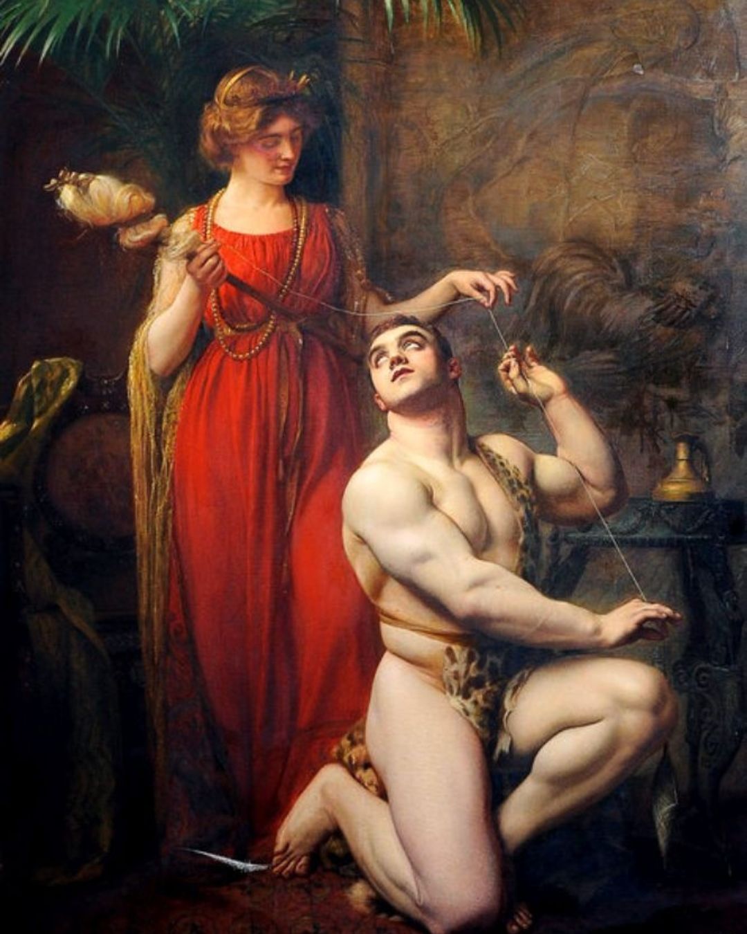 Hercules kneeling at the feet of Omphale in a classical painting