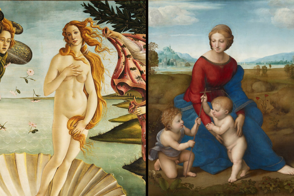 Split-screen image of Botticelli's The Birth of Venus and Raphael's Madonna of the Meadow