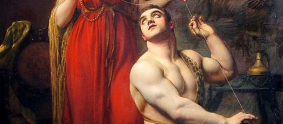 Hercules kneeling at the feet of Omphale in a classical painting