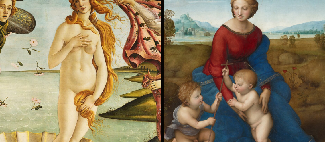 Split-screen image of Botticelli's The Birth of Venus and Raphael's Madonna of the Meadow